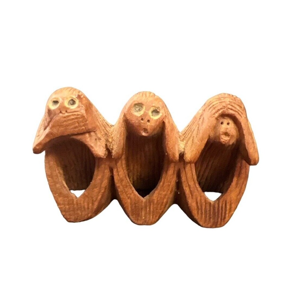 Vtg See no evil speak no evil‎ hear no evil carved wood monkeys Thailand